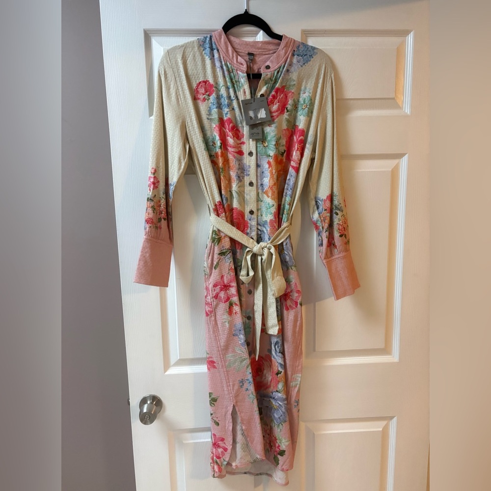 Floral Button-Front Midi Dress with Waist Tie - Pink/Cream